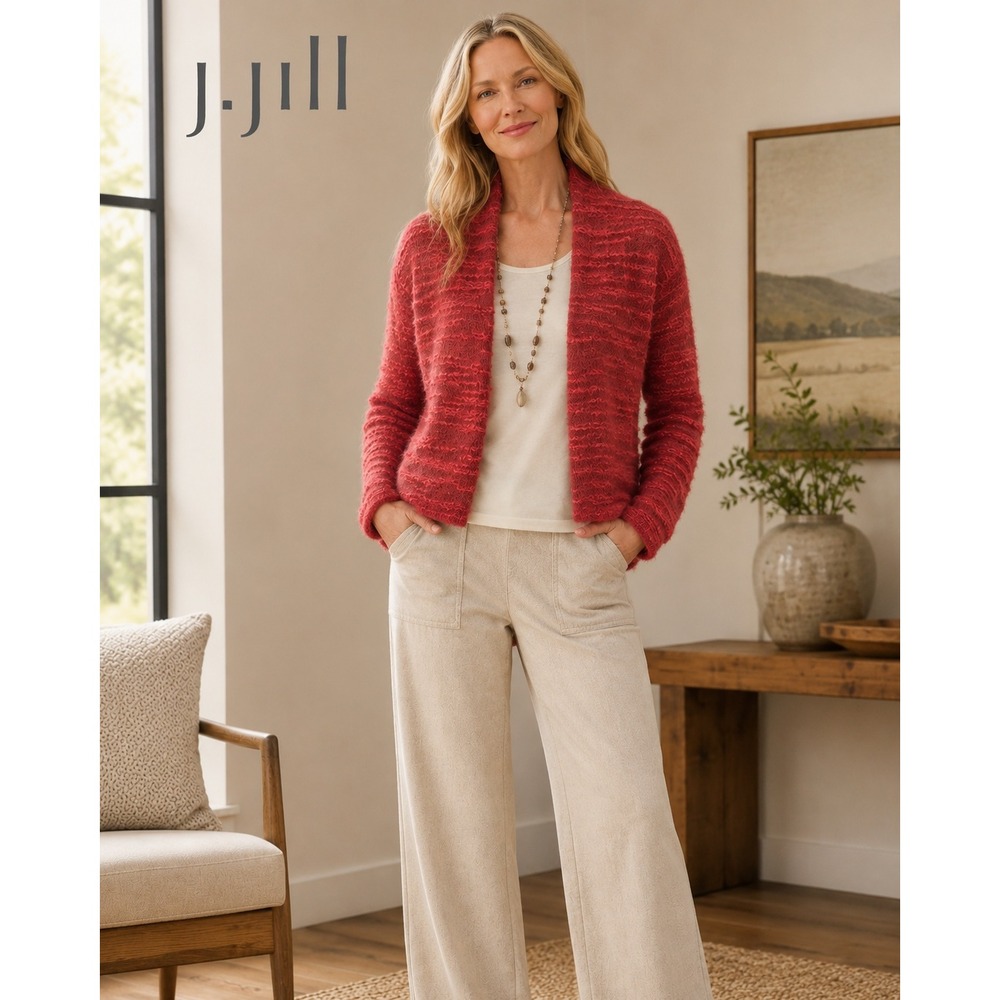 J. Jill Mohair Alpaca Wool Blend Open Front Cardigan Sweater Coral Red Size XS